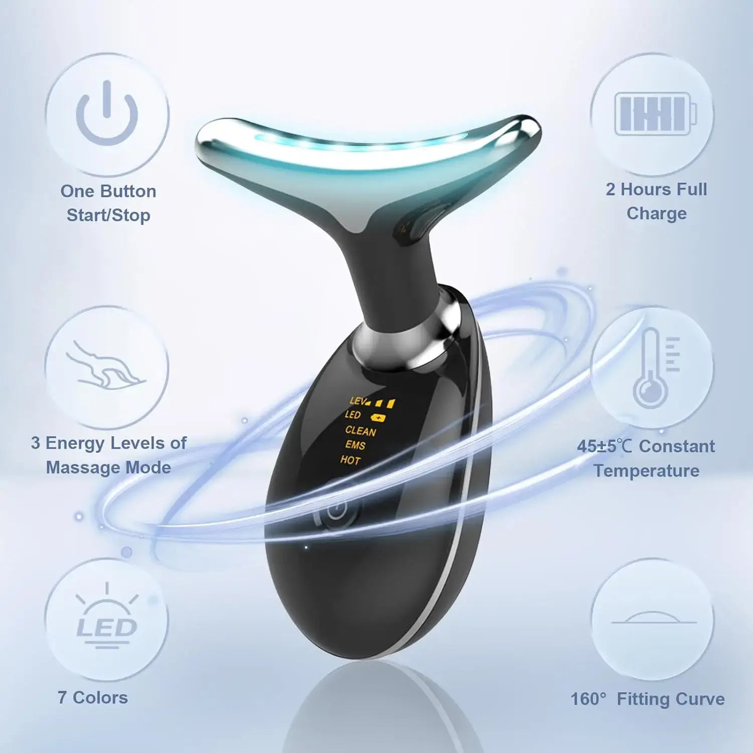 RadiantLift LED Face Lifter device showcasing LED technology, massage modes, and ergonomic design for enhancing skin vitality.