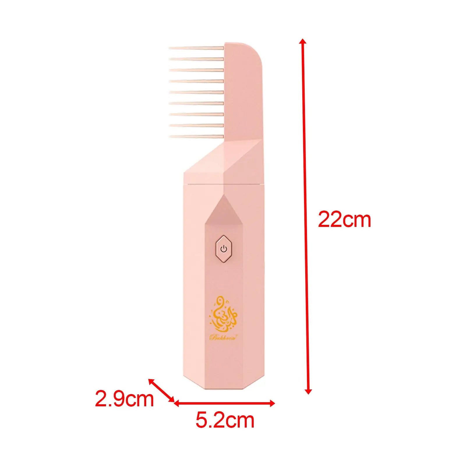 Pink USB rechargeable electronic burner with hair comb design, dimensions 22cm x 5.2cm x 2.9cm, ideal for travel.