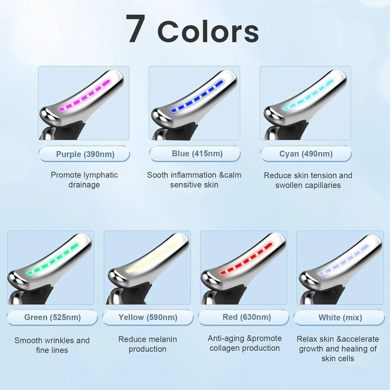 RadiantLift LED Face Lifter showing 7 color options for skin benefits, including purple, blue, cyan, green, yellow, red, and white.